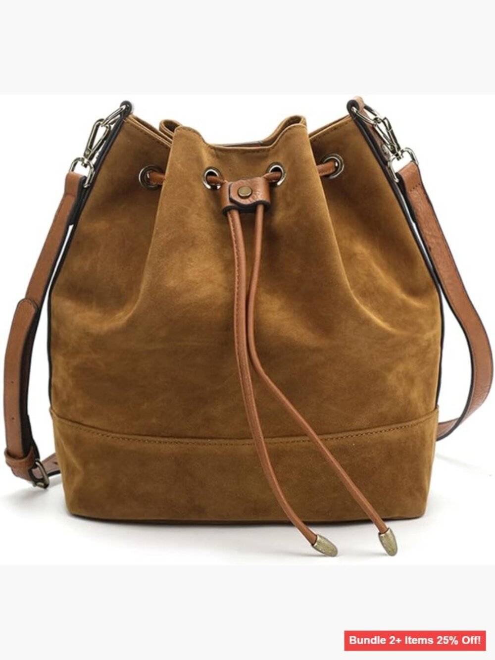 Large Vegan Suede Bucket Bag with 2 Detachable Straps, Drawstring Closure